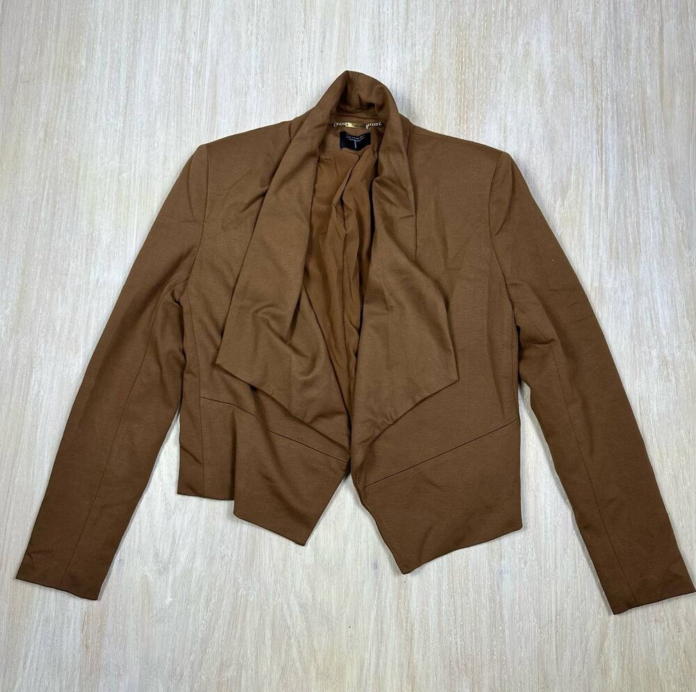 T Tahari Brown Cropped Waterfall Collar Open Front Chic Office Layer Jacket 10